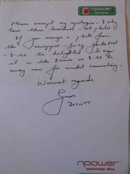 England Cricket Legend Geoff Boycott signed letter